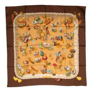 HERMES Authentic Brown Silk Scarf